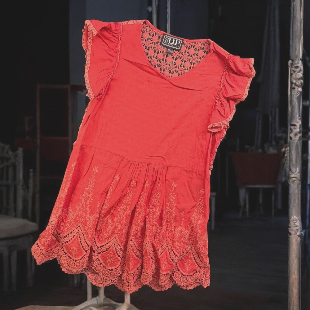 Cowgirl Up Tunic Top Women‎ Small Red Crochet Flutter Sleeve Embroidered Boho